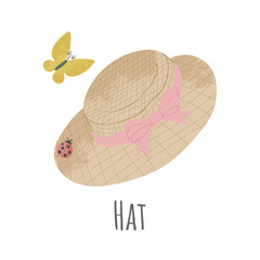 Vector hand drawn icon of straw hat with pink ribbon. Cartoon illustration in flat style. Gardening hat on white background
