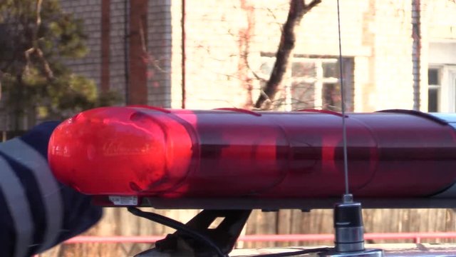 Moscow,Russia - October 10 2019: : Flasher bar on Russian traffic police car, light flicker device with blink red and blue lamps.