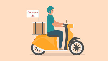 Vector modern creative flat design illustration featuring office worker commuting on the retro scooter with the delivery box on the back. Man in helmet riding a classic looking moped, side view. Vecto