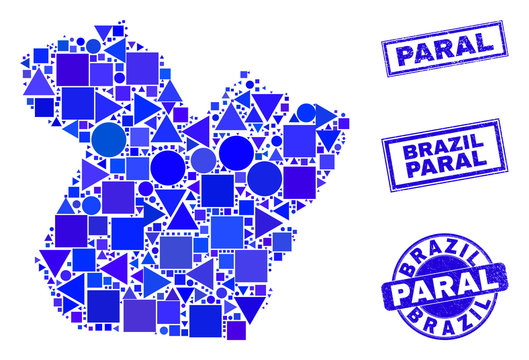 Vector mosaic Paral State map. Geographic collage in blue color tones, and corroded round and rectangle stamps. Abstract concept of Paral State map designed of round, triangles,