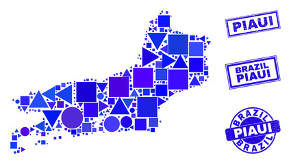 Vector mosaic Piaui State map. Geographic plan in blue color tones, and dirty round and rectangle stamp seals. Abstract mosaic of Piaui State map combined of round, triangles,