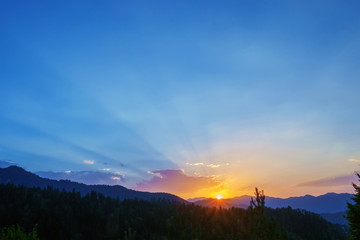 Evening mountain landscape with sunset over forest