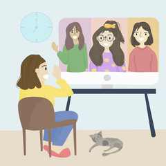 Coronavirus COVID-19 concept, Work from home.Group women are working together by online video to reduce the risk of getting infected with the Covid-19 virus. Vector flat style illustration.