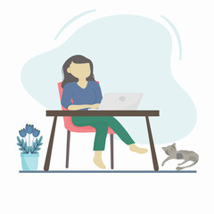 Coronavirus COVID-19 concept, Stay at home. Company employees can work at home to avoid dangerous viruses and reduce congestion.  Vector flat style illustration. Woman working on laptop at her house.