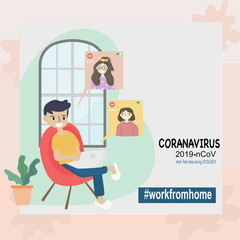 Coronavirus COVID-19 concept, Stay at home. Men and women are working together by online video to reduce the risk of getting infected with the Covid-19 virus.