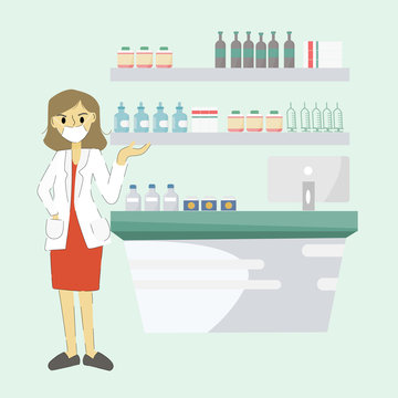 Modern pharmacist concept - Young woman pharmacist stood at the counter, with shelves lining the back. Modern flat design concept of web page design for website.