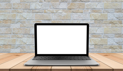 Plakat Laptop with blank screen on wooden table