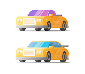 Fototapeta premium Retro car and sport vehicle vector set isolated on white flat cartoon color clipart illustration, yellow race automobile and vintage auto transport modern trendy design