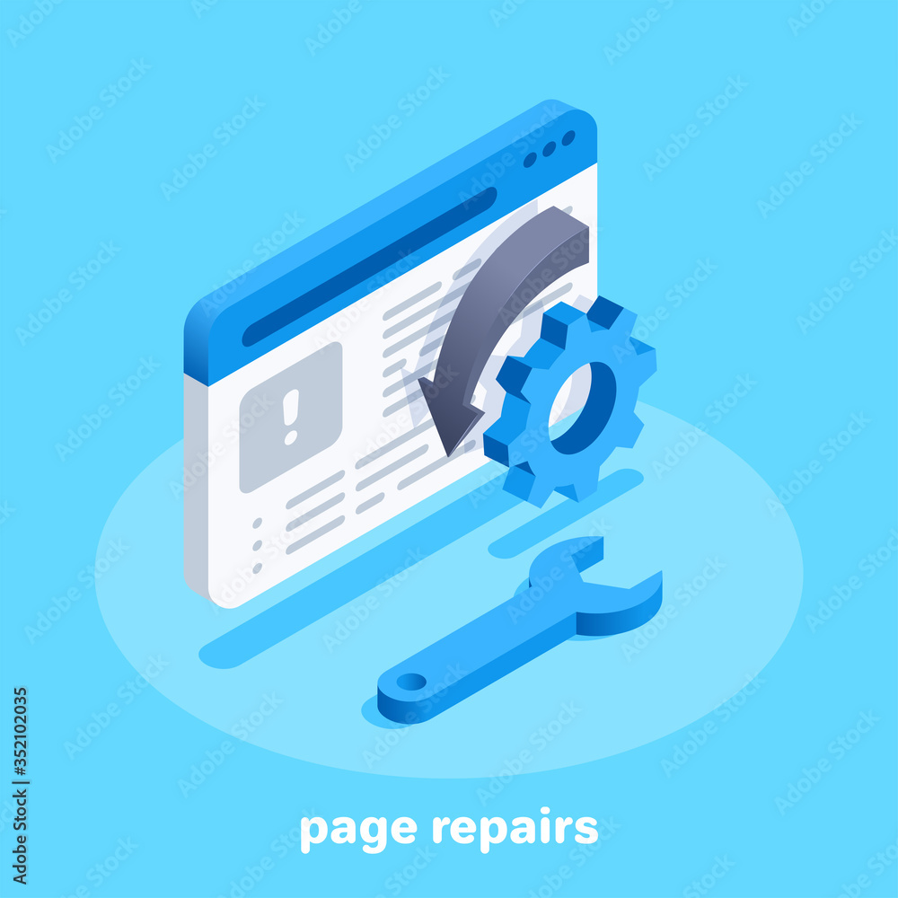 Poster isometric vector image on a blue background, web page window and gear with arrow and a wrench next t