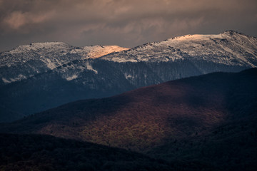 Bukowe Berdo mountain range covered in snow. Bieszczady National Park. Poland