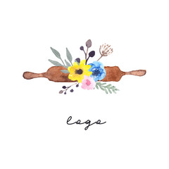 Watercolor logo with rolling pin, whisk, pastry shovel and twigs, suitable for a pastry shop, bakery, cake shop, catering and other on a white background