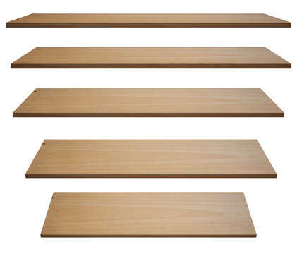 collection of empty wooden shelf isolated onwhite backgrounds with clipping path, for product display. 3d rendering