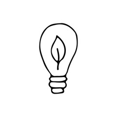 Doodle eco lamp illustration in vector. Hand drawn eco lam illustration. Doodle ecology illustration with lamp and leaf