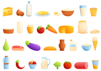 Farm products icons set. Cartoon set of farm products vector icons for web design
