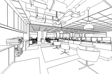 interior outline sketch drawing perspective of a space office