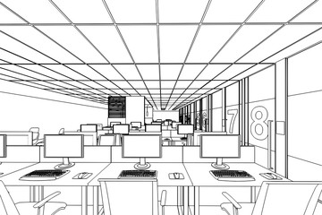 interior outline sketch drawing perspective of a space office