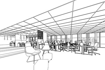 interior outline sketch drawing perspective of a space office
