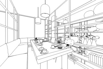 outline sketch drawing interior perspective of house