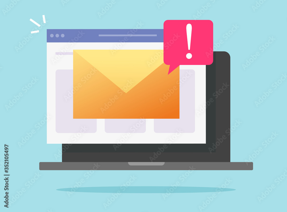 Poster email malware spam online notification on laptop computer or pc and internet hacking risk alert vect