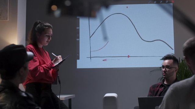 Business meeting. Office Team Analyzes Business Growth. Young Woman Interested In Audience. On Screen Growth Graph Monitor