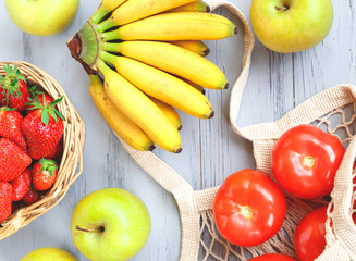 Package-free shopping. Eco friendly bag with food. Zero waste concept