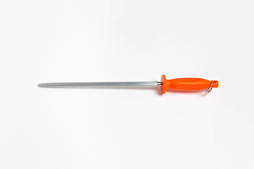 Knife sharpener with black plastic handles isolated on a white background. Top view.Grindstone for knives. High-resolution photo.
