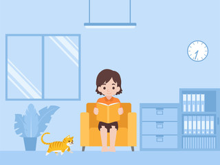 Naklejka premium Children Reading a book in new normal life learns lessons distance education at home self learning for prevent coronavirus, Distance Learning concept.