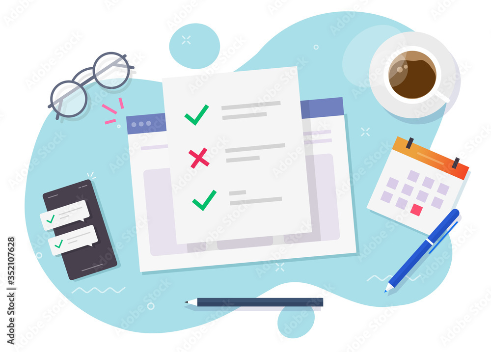 Poster survey form online check list document on study workplace or website learning exam results on table 