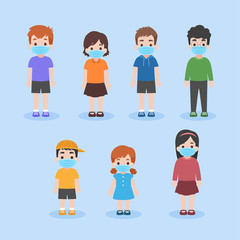Set of children in new normal life wearing a surgical protective Medical mask for preventcoronavirus, Health care concept.