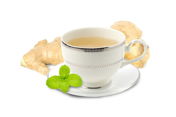 Hot Ginger tea in white cup with green mint leaves