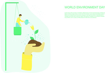 Vector illustration on the theme of World Environment day on June 5th.
 man is watering the earth, which is in the hands of people
