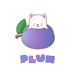 Plum. Kawaii illustration of a little white kitten sitting in a plum. Vector 8 EPS.