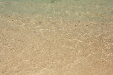 Natural texture and background. Sunlight and glare on the water. Yellow sandy bottom of the sea