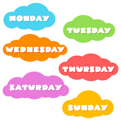 Days of the week. Names of weekdays on a background of colorful clouds. Can be used for scrapbooking, bullet journals, to do lists or weekly planners. Vector 8 EPS.