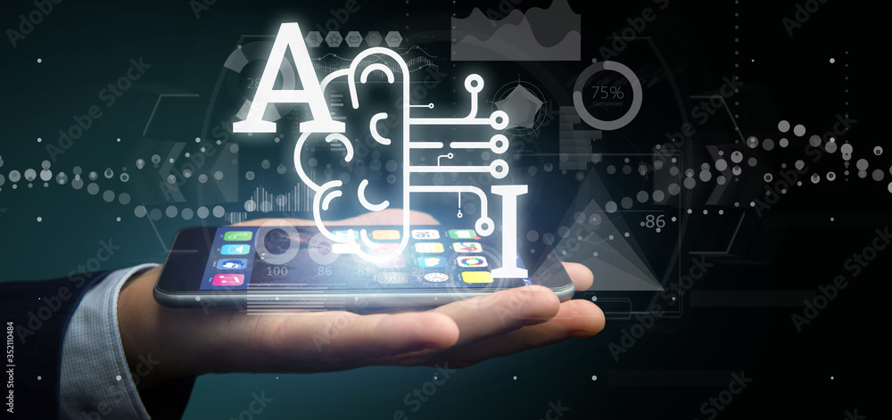 Aufkleber business man holding artificial intelligence icon with half brain and half circuit 3d rendering