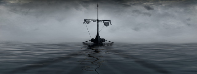 Vikings boat in a fog - obrazy, fototapety, plakaty