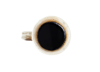 Top view of Hot coffee Brown ceramic coffee mug  isolated on white background. Clipping path.