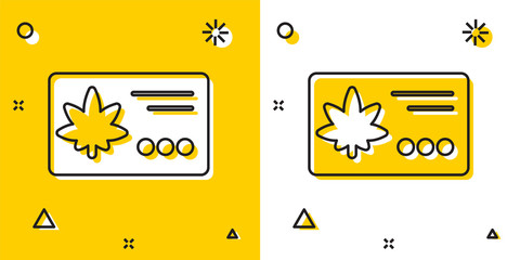 Black Calendar and marijuana or cannabis leaf icon isolated on yellow and white background. National weed day. Hemp symbol. Random dynamic shapes. Vector