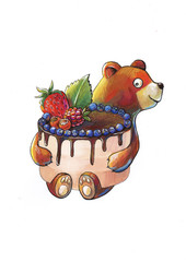 Postcard, drawing. A cute baby image of a bear with a cake. Sweet tooth celebrates the holiday. Greeting card, logo for confectioners