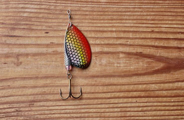 Fishing lure, bait spoon, recreation sport equipment isolated on wooden background