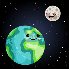 Cute kawaii earth and moon image. Home planet and satellite cartoon kids poster. Vector stock banner of space astronimic objects for children