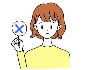 女性 正面 困り顔 不正解 札 ポーズ