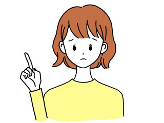 女性 正面 困り顔 指差し ポーズ