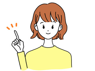 女性 正面 笑顔 指差し ポーズ