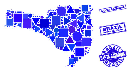 Vector mosaic Santa Catarina State map. Geographic scheme in blue color tints, and unclean round and rectangle seal stamps. Abstract mosaic of Santa Catarina State map combined of round, triangles,