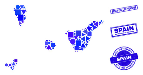 Vector mosaic Santa Cruz de Tenerife Province map. Geographic plan in blue color tinges, and scratched round and rectangle seals.