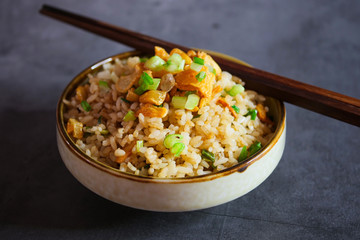 A bowl of Japanese garlic fried rice.