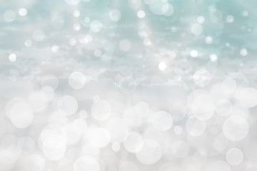 Abstract festive gradient light gray silver turquoise bokeh background texture with white bokeh lights. Beautiful backdrop with space for christmas, invitation or other holidays.