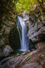 Fototapeta na wymiar Beautiful Sum or Mostnica waterfall on the end of Voje valley in Slovenia