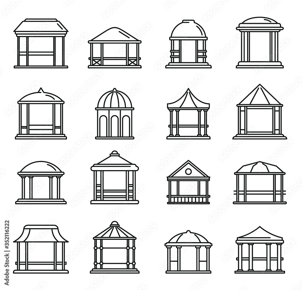Poster summer gazebo icons set. outline set of summer gazebo vector icons for web design isolated on white 